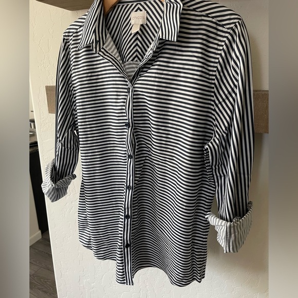 Chico’s| Horizontal Stripe Shirt, No-Iron Button Down Blouse, Size 1/Medium••• - Picture 10 of 15